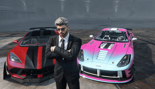 a man in a suit and tie stands in front of a pink and black car
