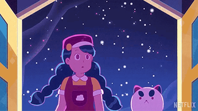a girl and a cat are standing in front of a starry sky in a cartoon .