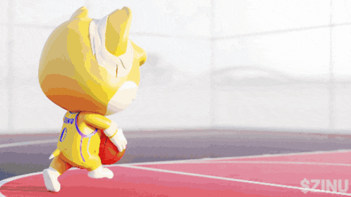 a cartoon character dribbles a basketball on a basketball court with the word $zinu on the bottom right