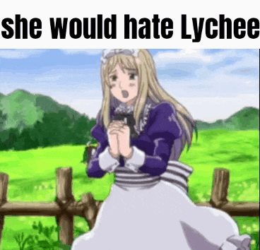 a girl in a maid outfit is standing in front of a wooden fence with the words she would hate lychee .
