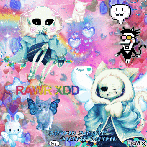 a picture of a skeleton and a cat with the words rawr xdd at the bottom