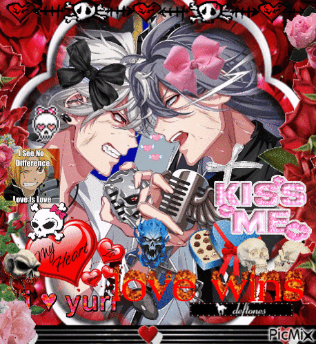 a picture of two anime characters holding a microphone with the words kiss me