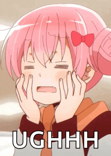 a girl with pink hair is making a funny face and the words ughhh are below her