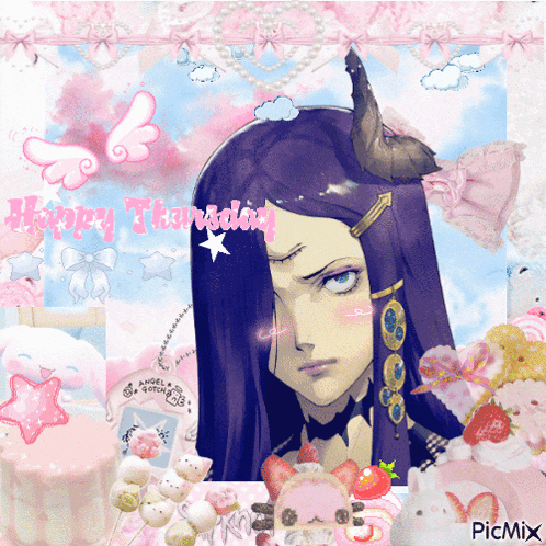 a picture of a girl with horns and the words happy thursday in pink