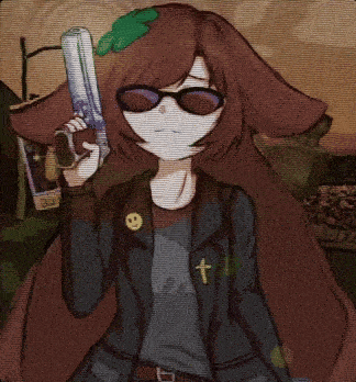 a drawing of a girl holding a gun with a cross on her sleeve