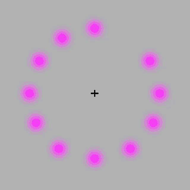 a gray background with pink circles and a black cross in the center