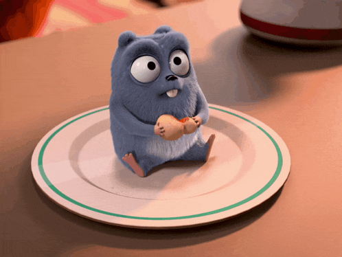a cartoon character is sitting on a plate holding a piece of meat