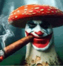 a mushroom clown is smoking a cigar .