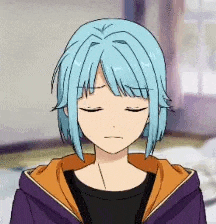 a blue haired anime girl with her eyes closed is wearing a purple jacket and a black shirt .