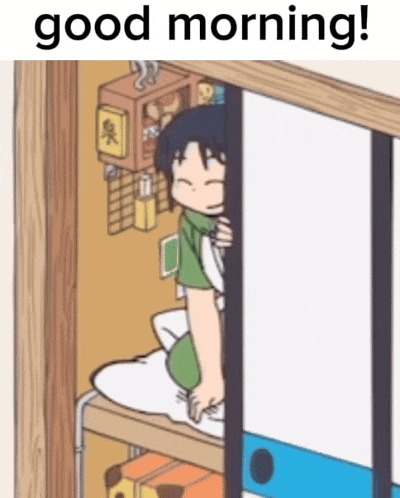 a cartoon of a boy peeking out from behind a sliding door with the words good morning written above him