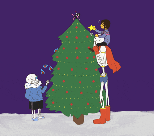 a group of skeletons decorate a christmas tree with a star on top
