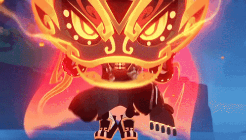 a cartoon character is standing in front of a fire lion head