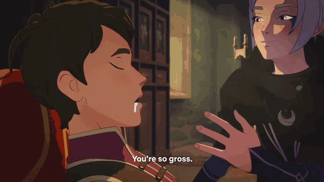 a cartoon character says you 're so gross to another character