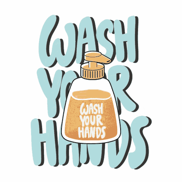 a poster that says " wash your hands " with a bottle of soap