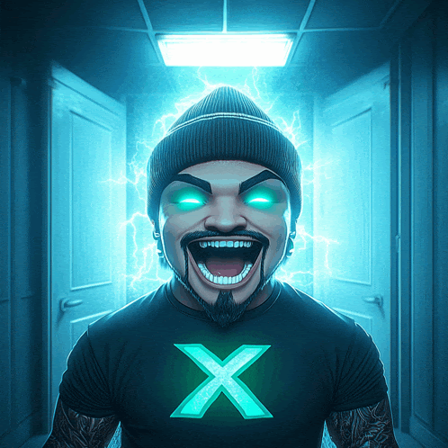 a man in a black shirt with a green x on it