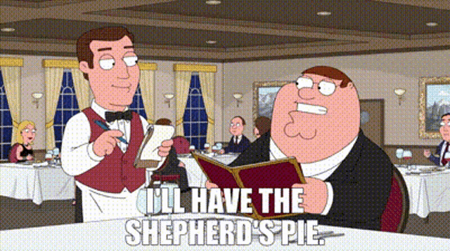 a cartoon of peter griffin reading a menu while a waiter takes a order