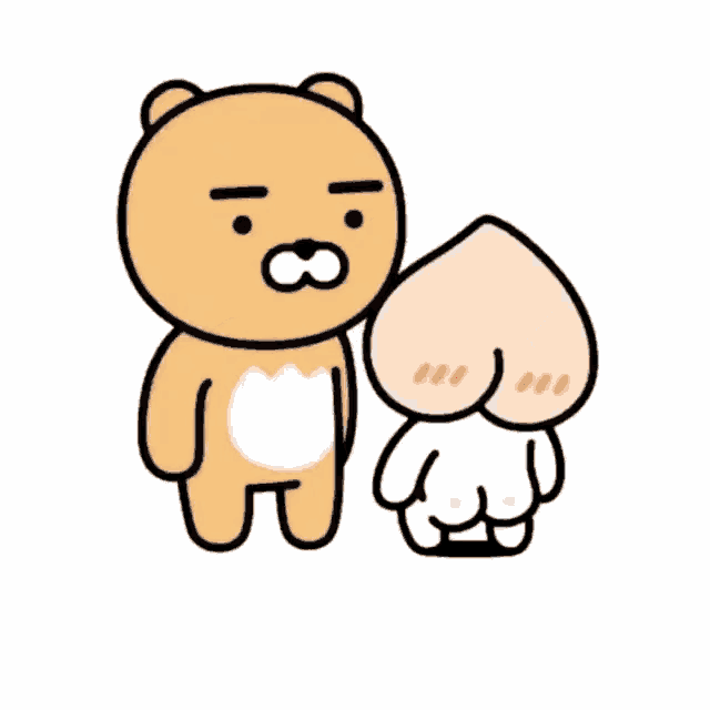 a cartoon bear and a peach are standing next to each other and looking at each other