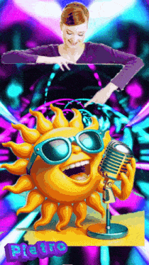 a cartoon of a sun wearing sunglasses singing into a microphone with a woman dancing behind it