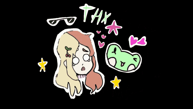 a drawing of a girl surrounded by hearts and a frog with the letters xht
