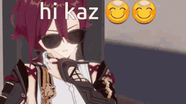 a cartoon character wearing sunglasses with the words hi kaz on the bottom