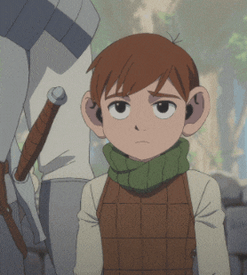 a cartoon character with a scarf around his neck and a sword in his hand