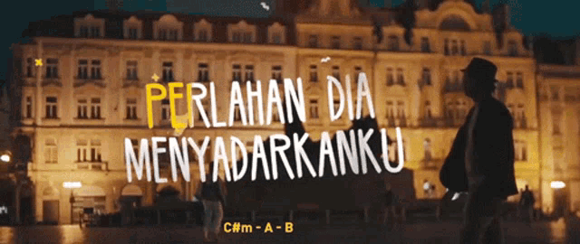a man in a hat stands in front of a building with the words perlahan dia menyadarkanku written on it