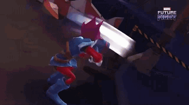 a cartoon character is flying through the air with a sword in a video game called marvel future fight .