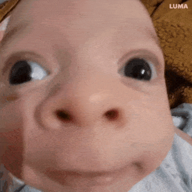 a close up of a baby 's face making a funny face and looking at the camera .