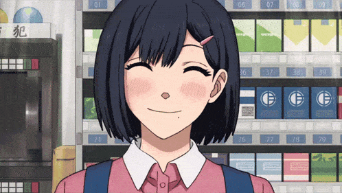 a girl in a pink shirt is smiling in front of a vending machine that sells cigarettes