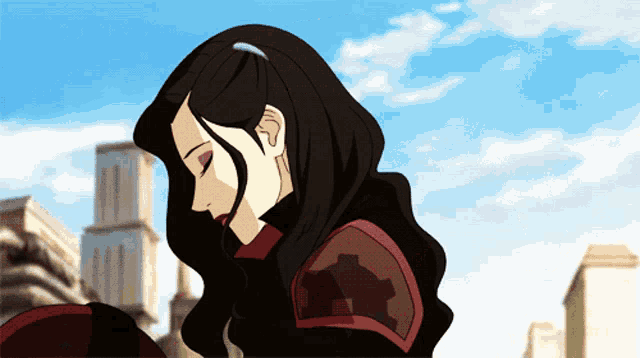 a cartoon of a woman with long dark hair looking down