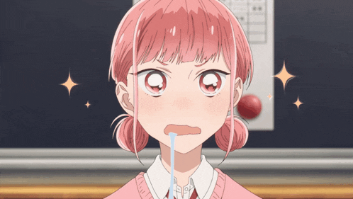 a girl with pink hair is making a funny face with her mouth open