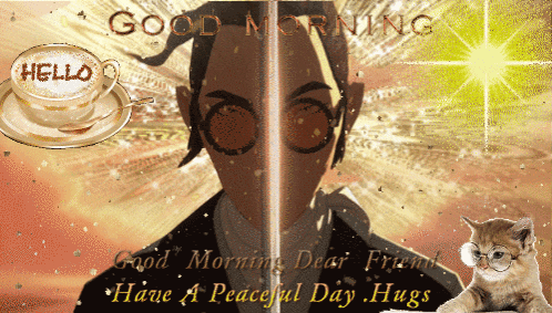 a greeting card with a man and a cup of coffee that says good morning dear friend have a peaceful day hugs