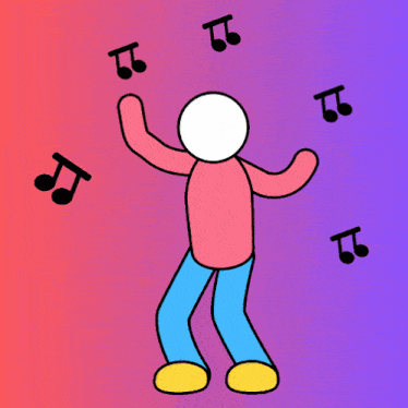 a cartoon drawing of a man dancing with music notes flying around him
