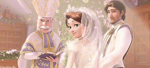 a bride and groom are standing next to each other at a wedding ceremony while a priest reads a bible .