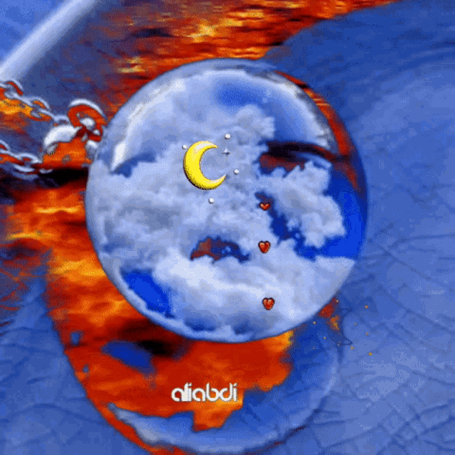 a picture of a sphere with a crescent moon and hearts on it