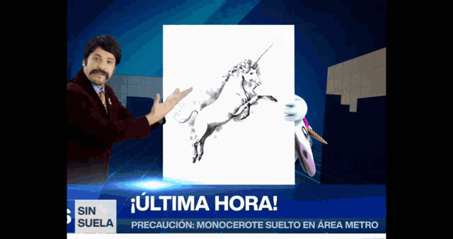 a man holding a drawing of a unicorn with the words ultima hora on the bottom