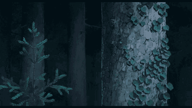 a painting of a forest with trees and mushrooms growing on them