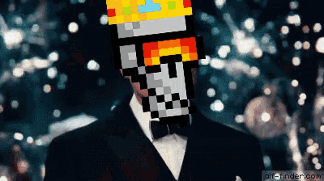a pixel art of a man in a tuxedo with a skull on his face