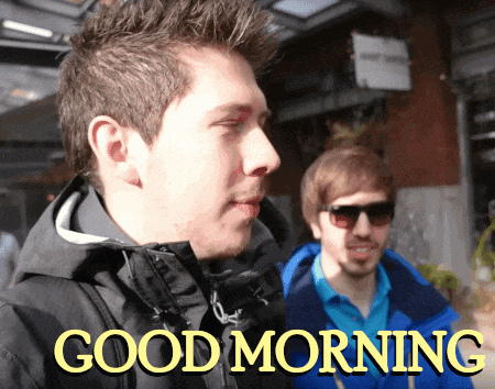 two men are standing next to each other with the words good morning written on the bottom