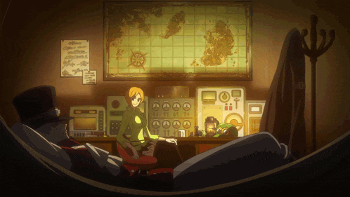 a woman sits at a desk with a map on the wall above her
