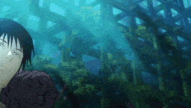 a cartoon of a man in the water looking at a building