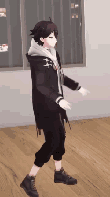a cartoon character is standing on a wooden floor