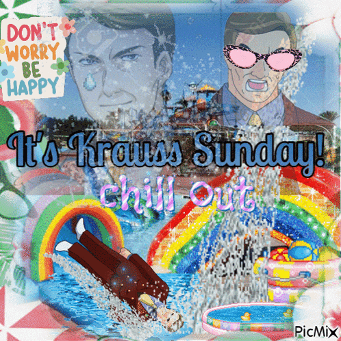 a picture of a man splashing in a pool with the words it 's krauss sunday chill out