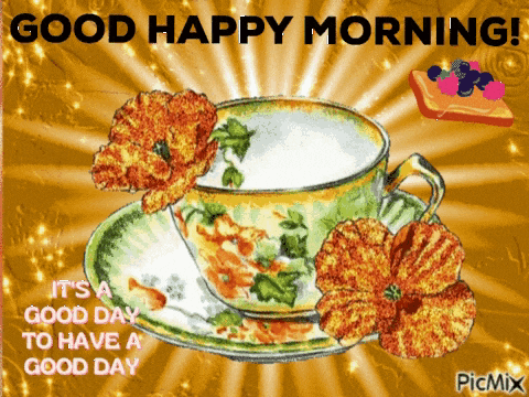 a cup of coffee on a saucer with flowers and the words " good happy morning "