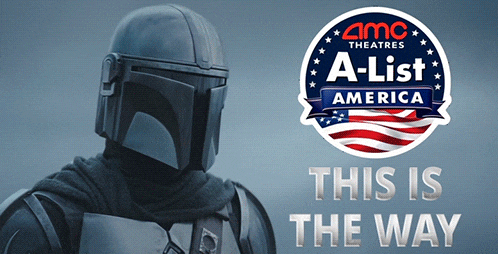 an amc theatres a-list america sign with a man in a helmet
