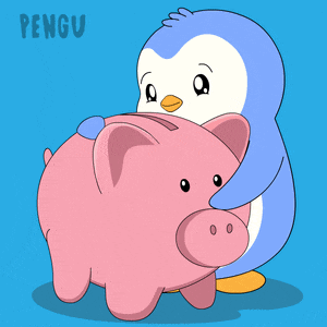 a penguin is putting a coin into a piggy bank with the word pengu on the bottom