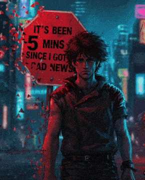 a man stands in front of a red sign that says it 's been 5 mins since i got bad news