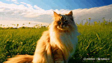 a cat sitting in a grassy field with the words minmax on the bottom left