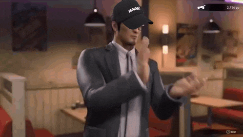 a man in a suit and hat is dancing in a restaurant