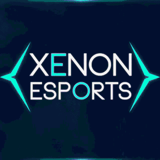 a neon sign for xenon esports is displayed on a dark blue background